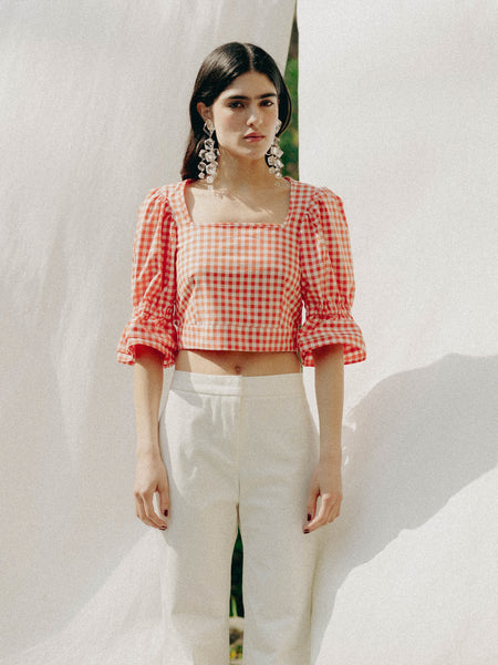 ADELE top: 100% organic cotton, GOTS vichy pattern, handmade in Switzerland, vegan, white/tangerine.