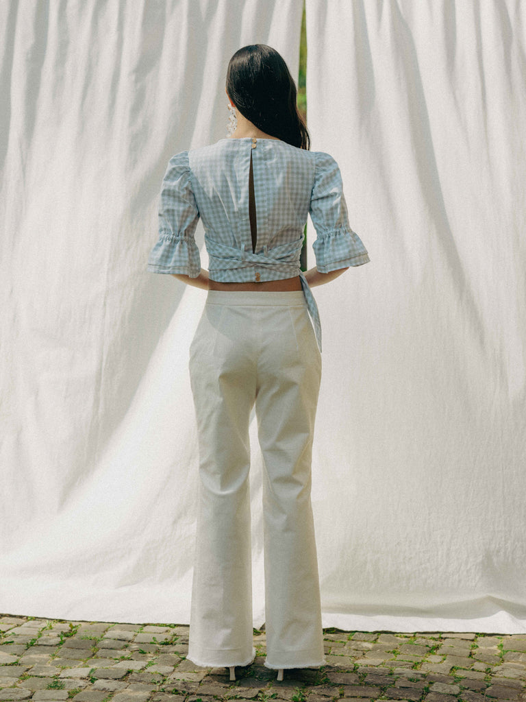 Vegan ADELE top in GOTS organic cotton with vichy pattern, handmade in Switzerland, includes a waist belt.