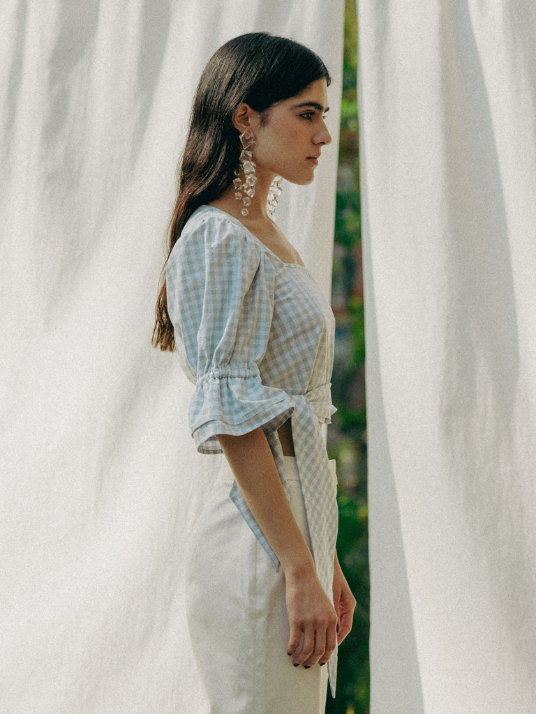 Vegan ADELE top in GOTS organic cotton with vichy pattern, handmade in Switzerland, includes a waist belt.