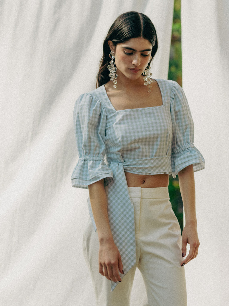 Vegan ADELE top in GOTS organic cotton with vichy pattern, handmade in Switzerland, includes a waist belt.