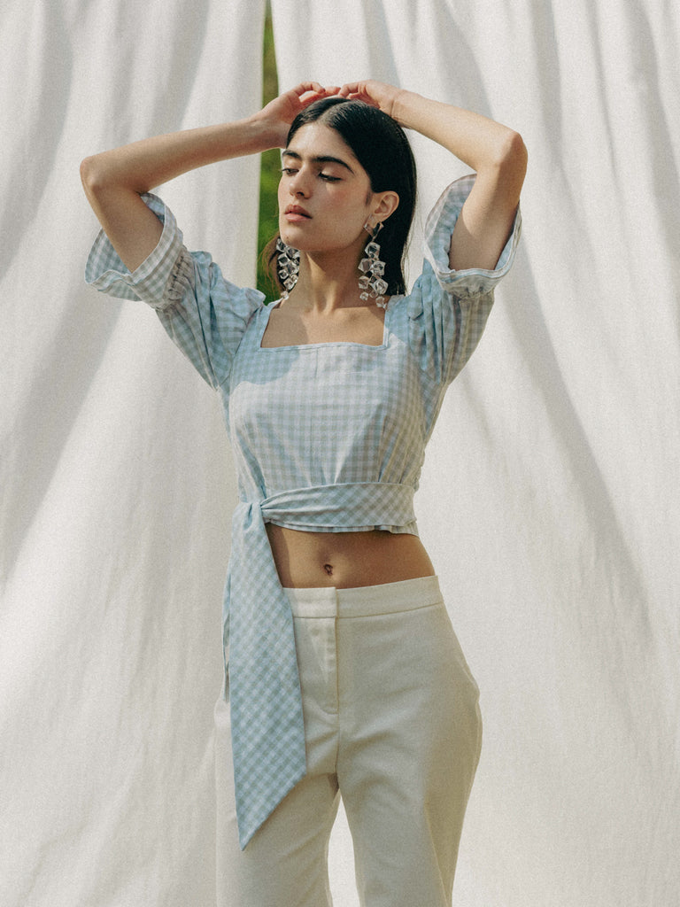 Vegan ADELE top in GOTS organic cotton with vichy pattern, handmade in Switzerland, includes a waist belt.