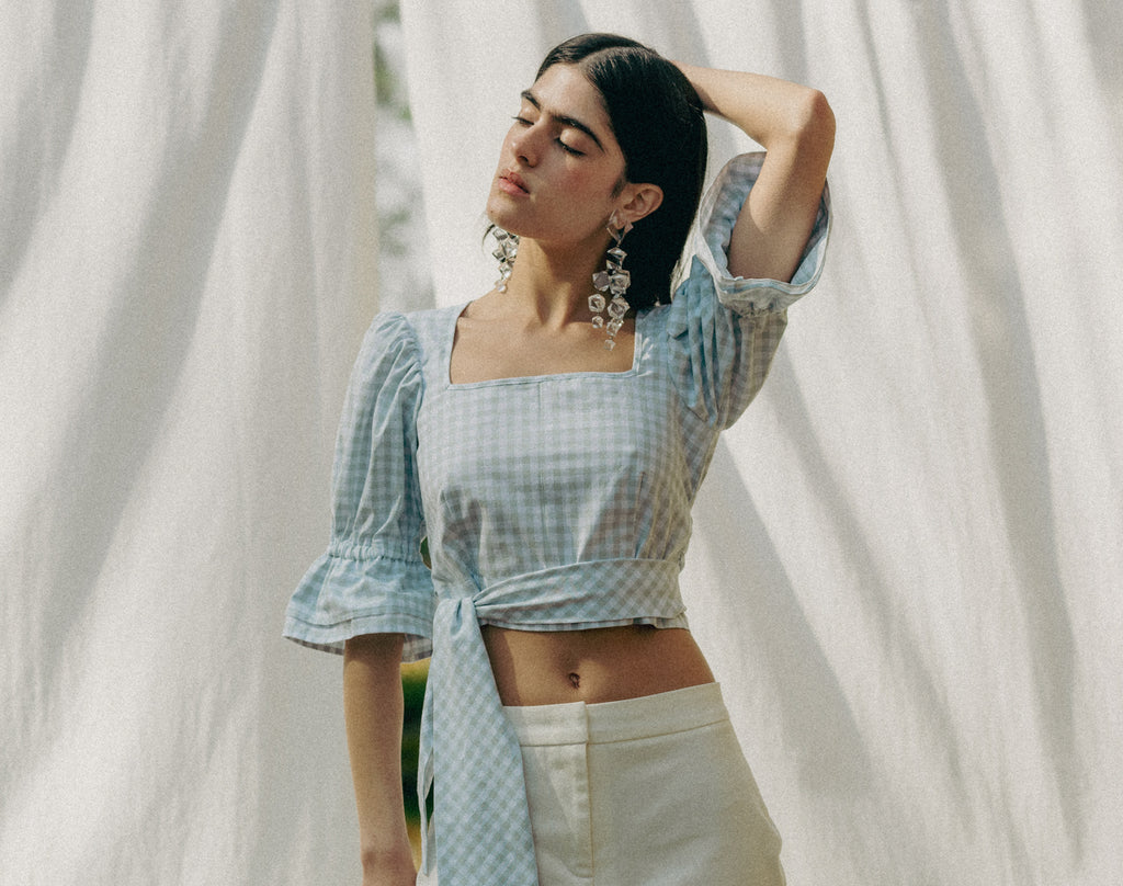 Vegan ADELE top in GOTS organic cotton with vichy pattern, handmade in Switzerland, includes a waist belt.