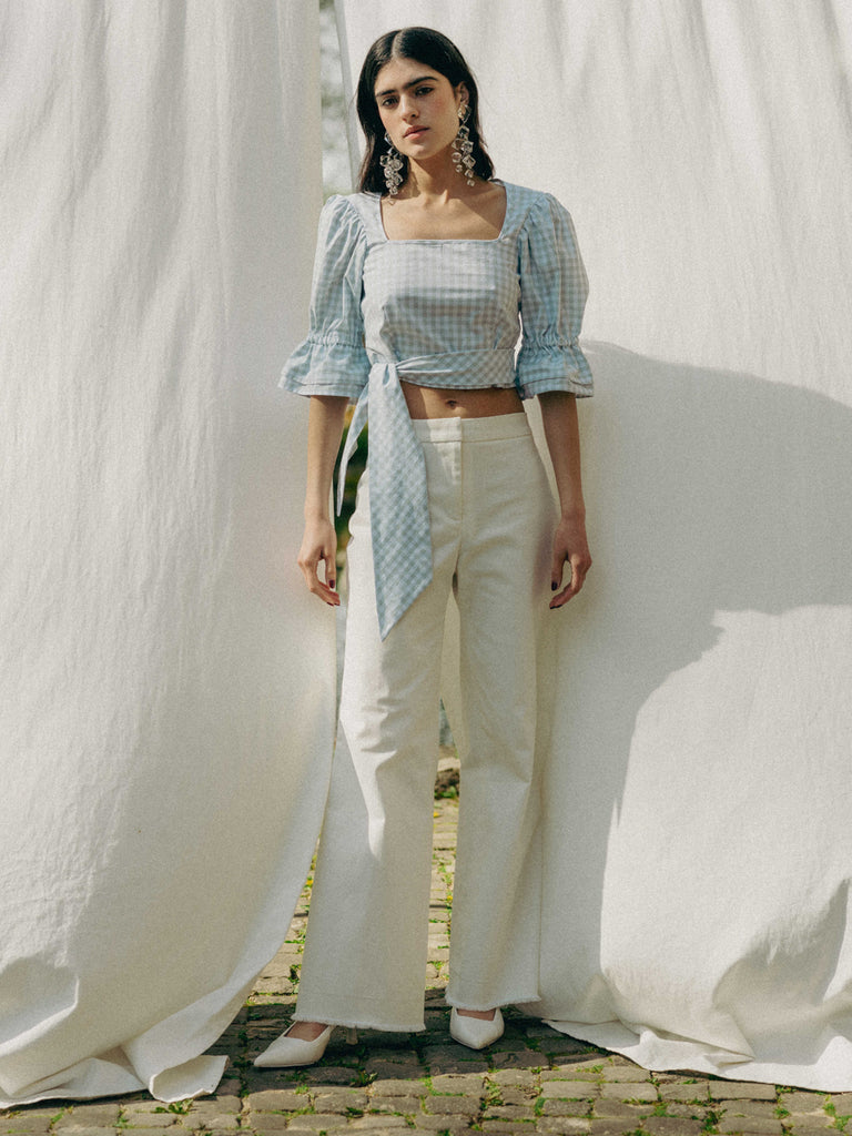 Vegan ADELE top in GOTS organic cotton with vichy pattern, handmade in Switzerland, includes a waist belt.