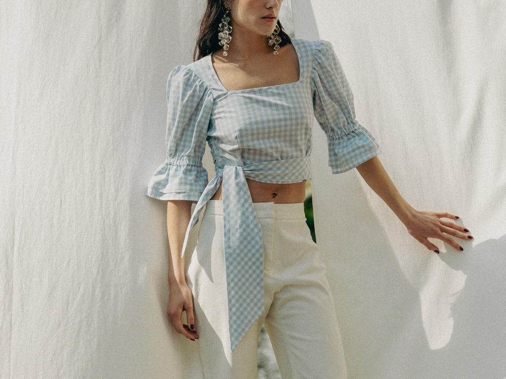 Vegan ADELE top in GOTS organic cotton with vichy pattern, handmade in Switzerland, includes a waist belt.