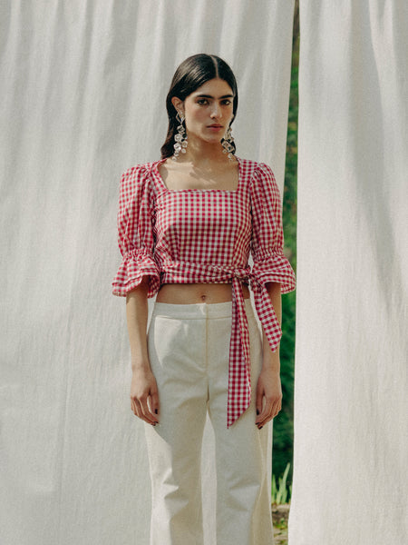 Vegan ADELE top in GOTS organic cotton with vichy pattern, handmade in Switzerland, includes a waist belt.