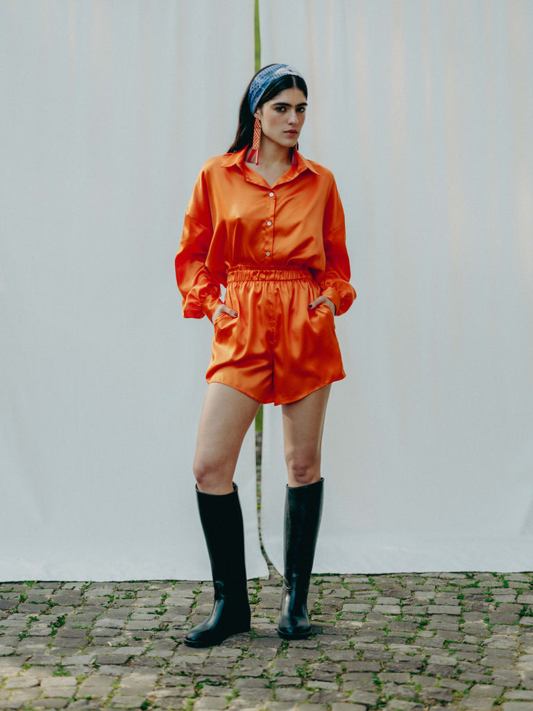 Alma blouse with mother-of-pearl buttons, made from 3 recycled PET bottles, eco-friendly, Siesta Peach.