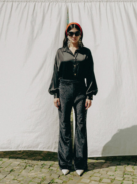 Farah pants: sequins, flared legs, hidden zipper, perfect fit, disco touch, ultimate highlight.